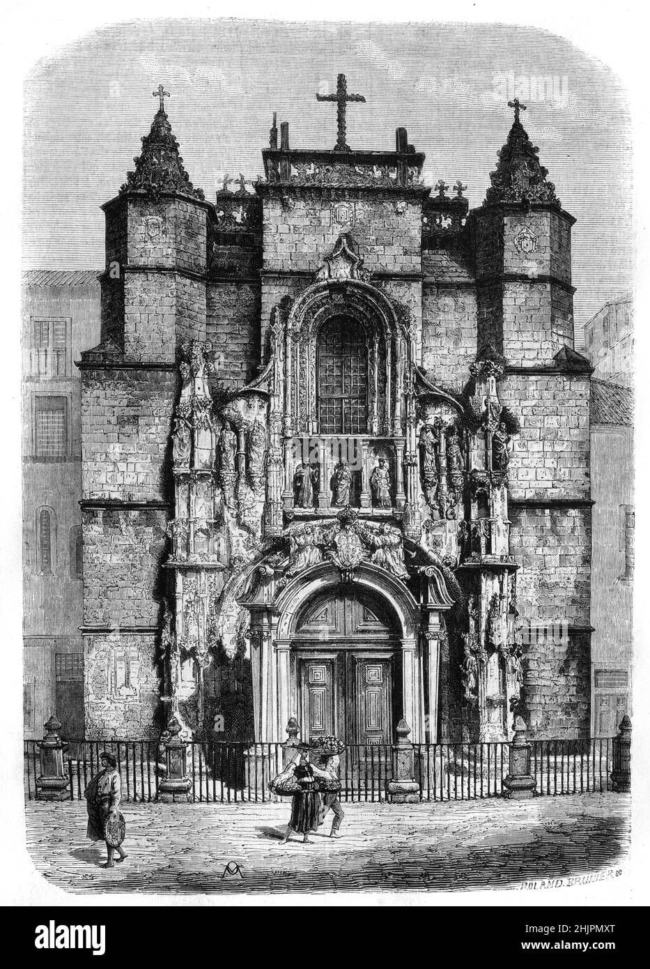 Façade Manueline ou entrée gothique et porte du couvent ou monastère de Santa Cruz Coimbra Portugal.Illustration ancienne ou gravure 1865 Banque D'Images