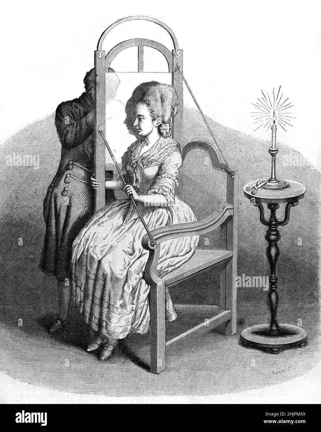 Artiste dessin d'une silhouette d'une femme assise à l'aide d'une machine à silhouettes avec une bougie.Gravure, illustration ou gravure vintage par Johann Rudolf Schellenberg. Banque D'Images