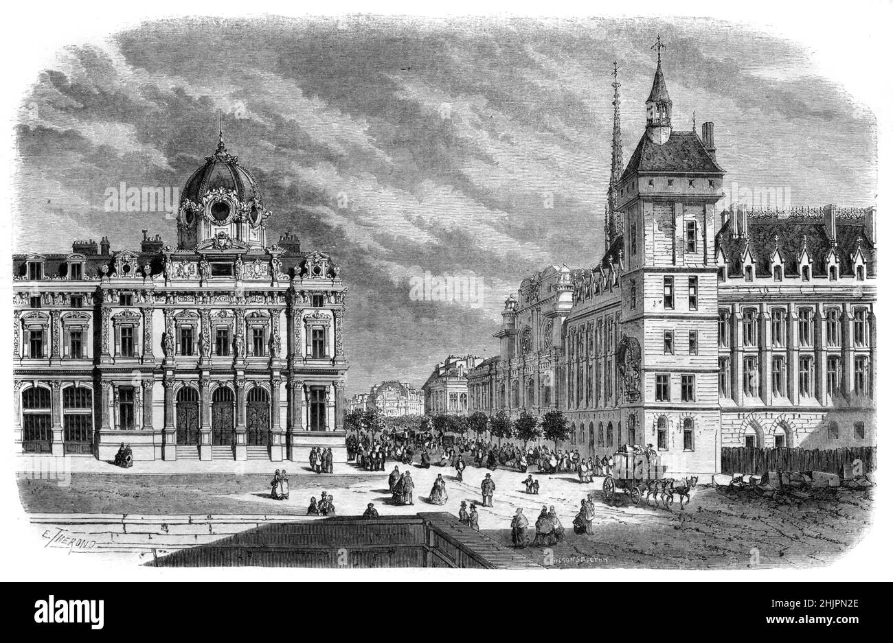 Palais du Tribunal de Commerce, Tribunal de Commerce ou Tribunal de Commerce , construit en 1860-1865 par l'architecte Antoine-Nicolas Bailly (1810-1892) sur l'Île de la Cité Paris France.Illustration ancienne ou gravure 1865. Banque D'Images