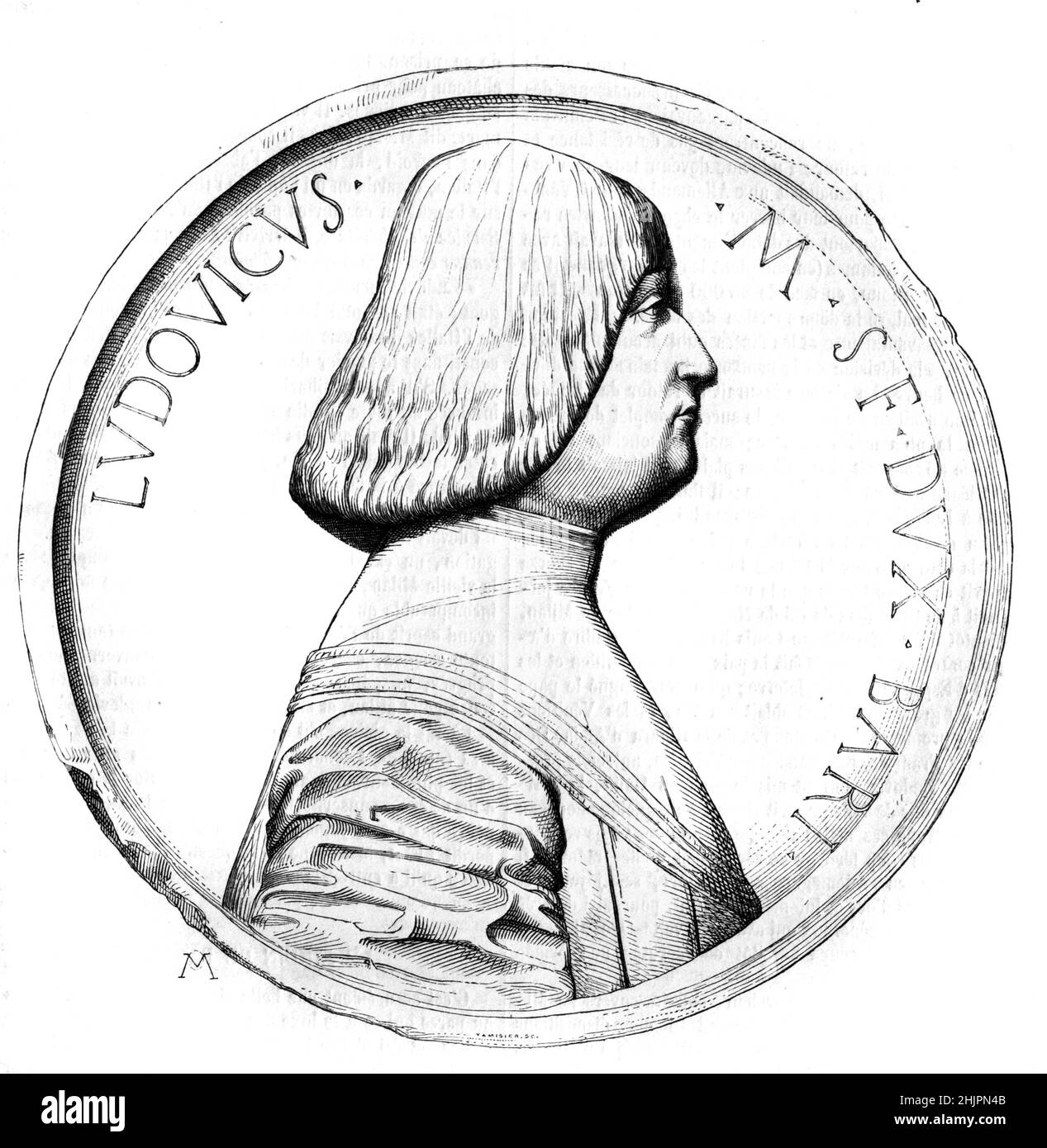 Médaillon Portrait de Ludovico Sforza, alias Ludovico Maria Sforza ou Ludovico il Moro (1452-1508) noble italien et duc de Milan (1492-1499) Italie.Illustration ancienne ou gravure. Banque D'Images