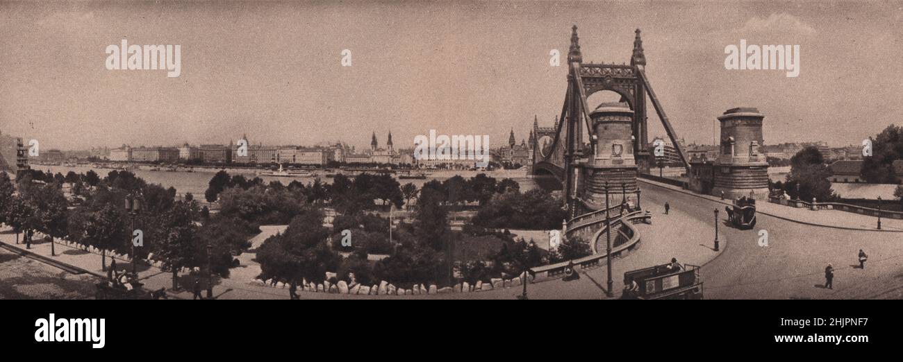 Budapest. Le pont unique élégant d'Elizabeth au-dessus du Danube. Hongrie (1923) Banque D'Images