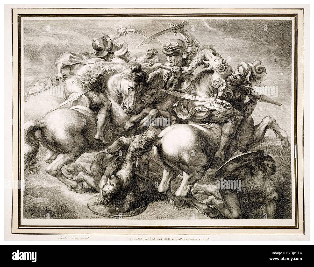 La bataille des quatre cavaliers (bataille d'Anghiari), gravure du 17th siècle par Gérard Edelinck d'après Léonard de Vinci, 1657-1666 Banque D'Images