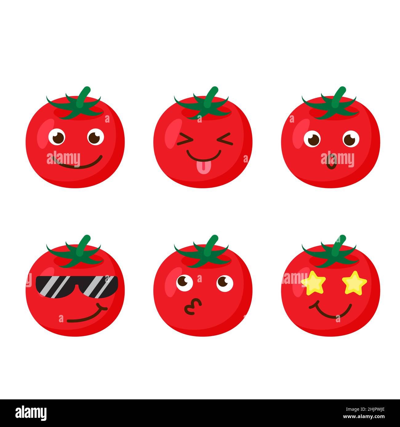 Ensemble d'émoticônes de tomates.Icônes de style kawaii, personnages de légumes.Illustration vectorielle de style dessin animé à plat.Ensemble de sourires ou émoticônes amusants.Bien Illustration de Vecteur