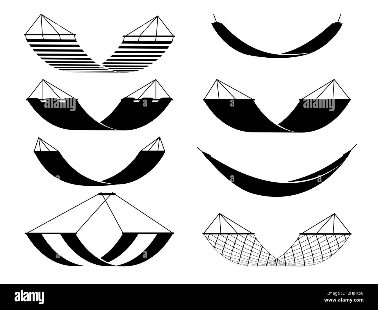 Icônes hamac noires.Différents types de camping adaptations, touristiques silhouettes signes simples, extérieur détente objets confortables.Canapés suspendus en toile Illustration de Vecteur