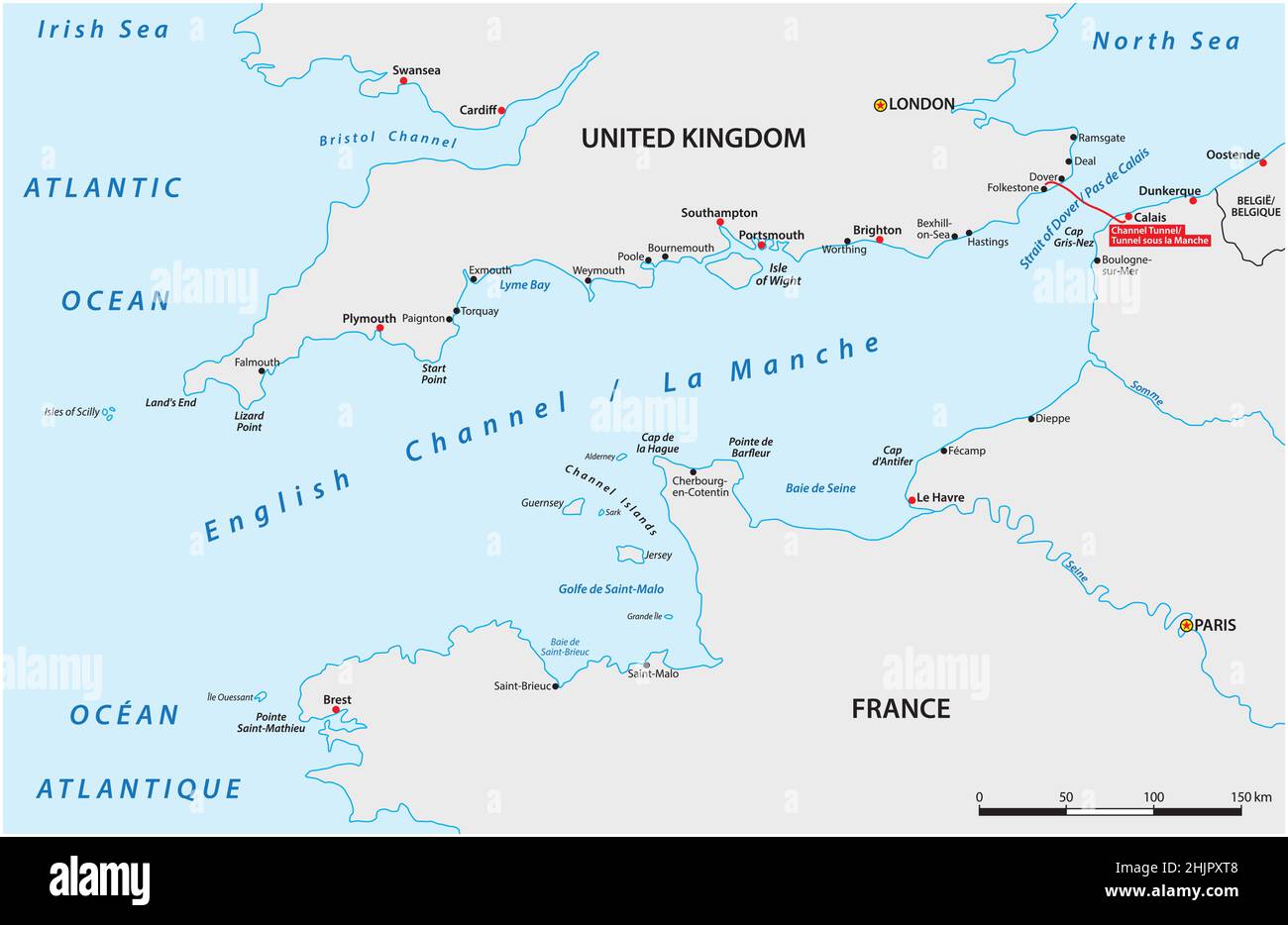 Carte vectorielle de la Manche entre le Royaume-Uni et la France Illustration de Vecteur