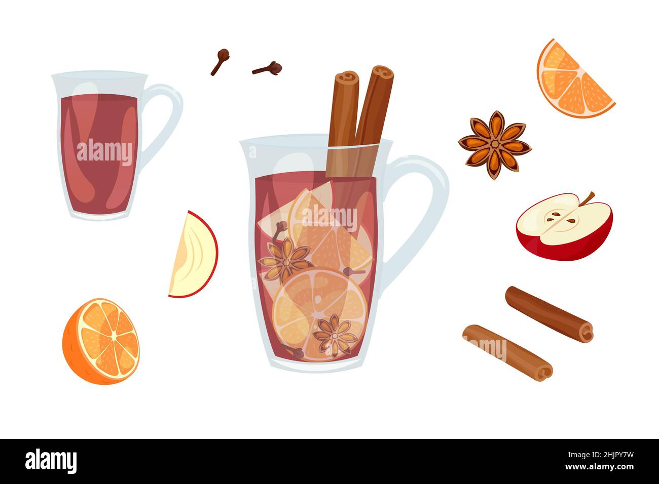 Ensemble d'ingrédients pour le vin chaud.Nourriture isolée cannelle, anis, orange, clous de girofle, vin rouge et pomme.Tasse en verre avec boisson chaude d'hiver.Illustrateur de vecteur Illustration de Vecteur