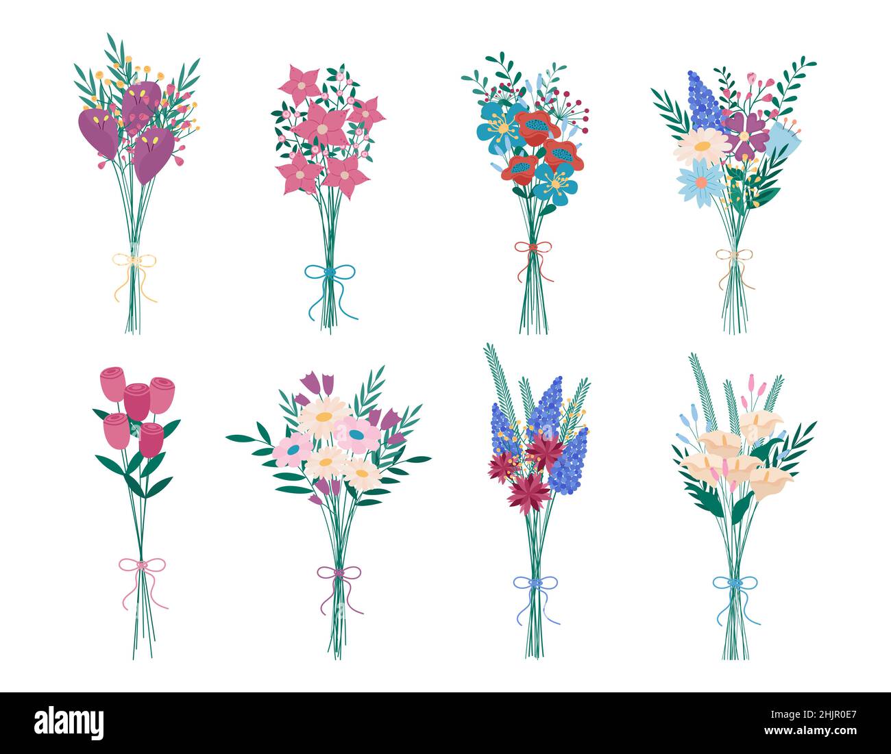 Bouquets de fleurs ensemble vectoriel.Collection de compositions florales fraîches isolées.Fleurs de prairie et de fleurs abstraites, camomille sur le backgro blanc Illustration de Vecteur