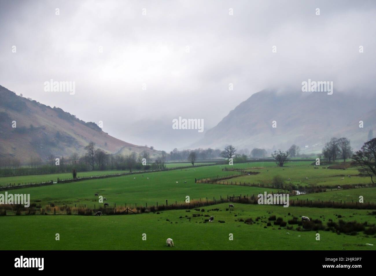 Une ancienne vallée glaciaire enchantée dans le Lake District, au Royaume-Uni, avec les sommets des montagnes environnantes cachés par des nuages bas Banque D'Images