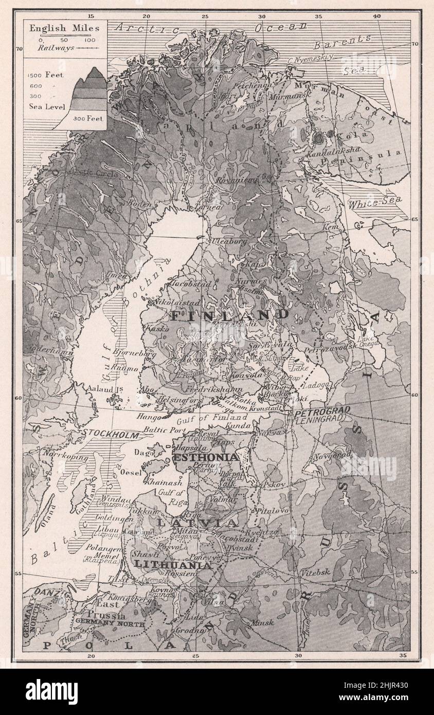 Côte est de la Baltique et de son arrière-pays aux glaciers. Finlande (carte 1923) Banque D'Images
