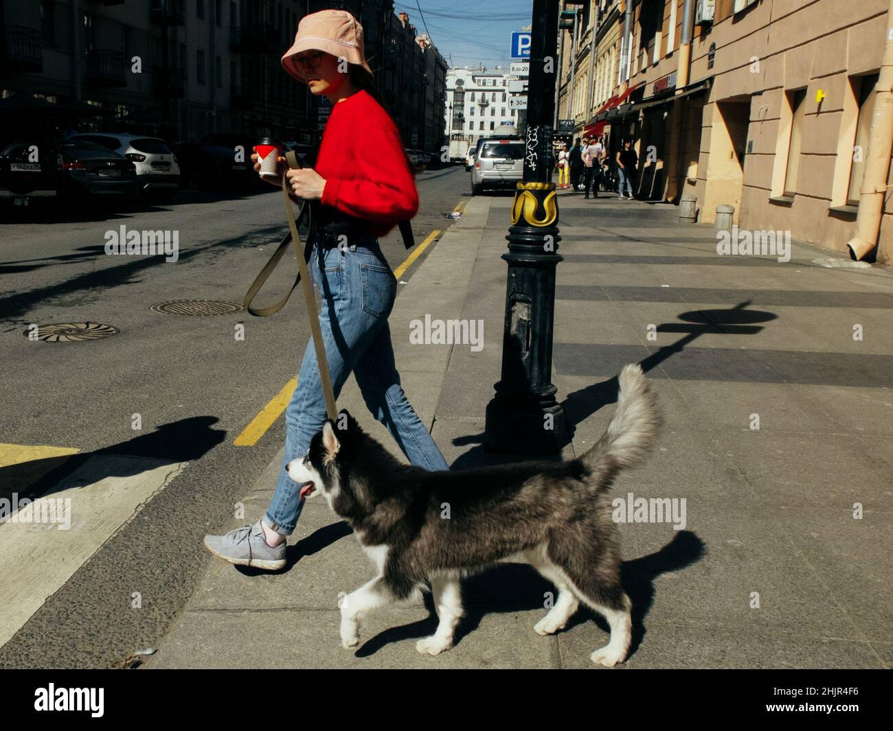 Fille en rouge marchant avec un chien et un café Banque D'Images