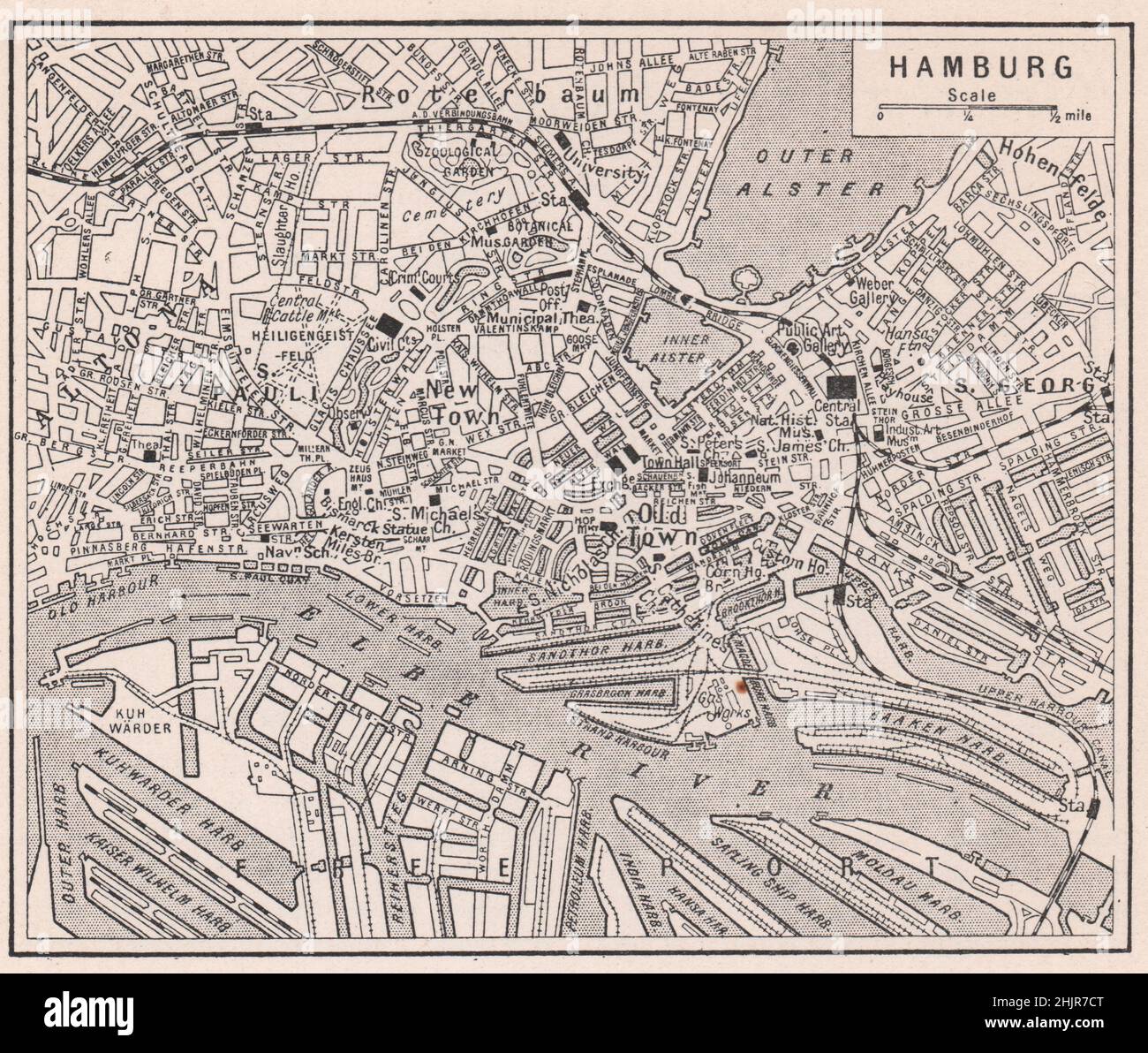 Labyrinthe de quais et bassins de Hambourg bordant l'Elbe. Allemagne (carte 1923) Banque D'Images