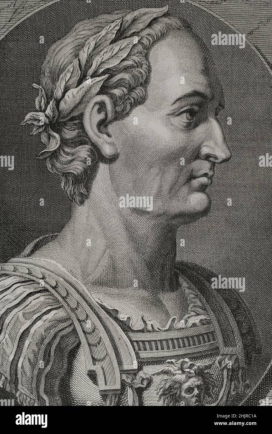 Gaius Julius Caesar (100 av. J.-C. - 44 av. J.-C.).Politicien romain, général et écrivain.En 60 av. J.-C., il établit un triumvirat avec Pompey et Crassus.La Gaule conquise.Chef de l'empire un dictateur à perpétuité (dictateur Perpetuus).Portrait.Gravure.Commentaires de Cesar, avec des notes historiques, critiques et militaires, par le comte Turpin de Crissé.Volume I. publié à Montargis et vendu à Paris, 1785. Banque D'Images