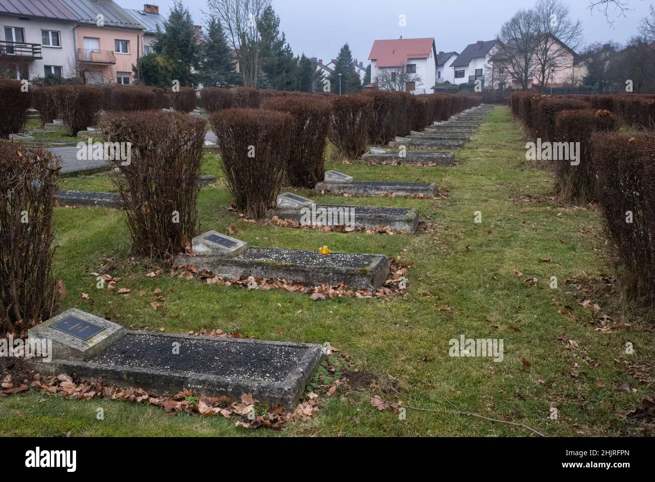 Boleslawiec, Pologne - 14 janvier 2022.Cimetière de guerre soviéto-polonais.Ici sont enterrés plus de 3,000 soldats.Mise au point sélective Banque D'Images