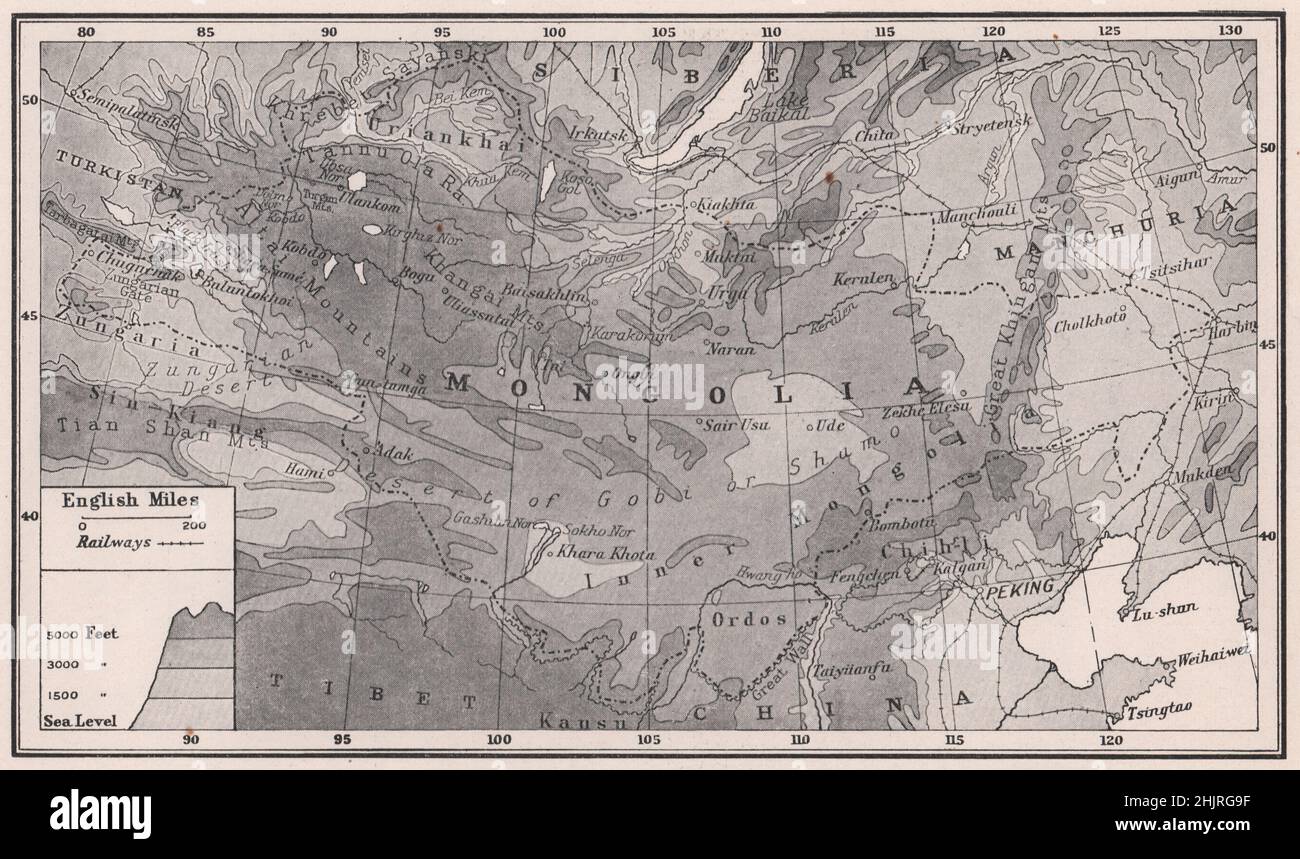 Des steppes sombres et des déserts en feu qui séparent la Russie de la Chine. Mongolie (carte 1923) Banque D'Images