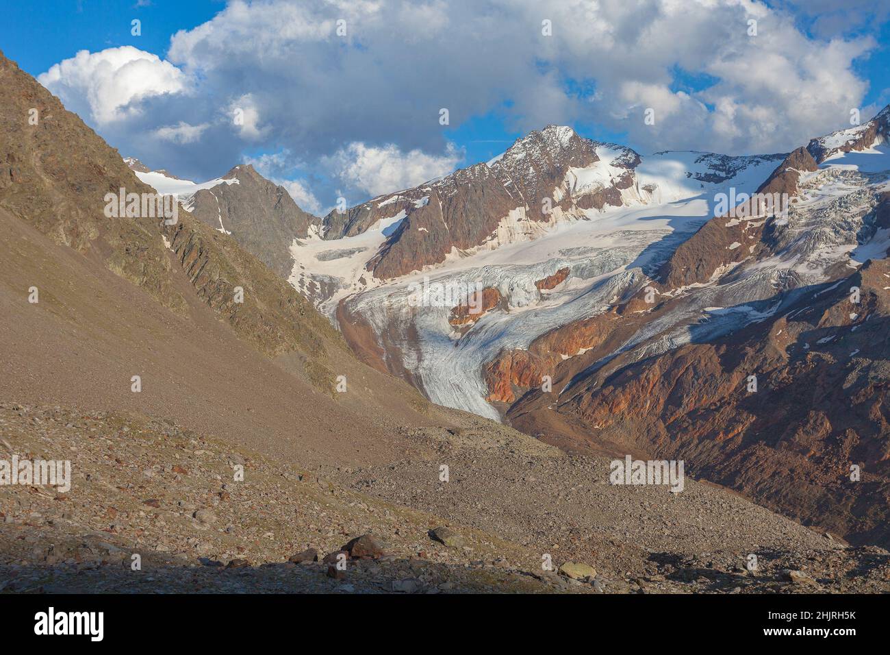 Panorama sur le glacier de Vallelunga au coucher du soleil, Alto Adige, Italie Banque D'Images