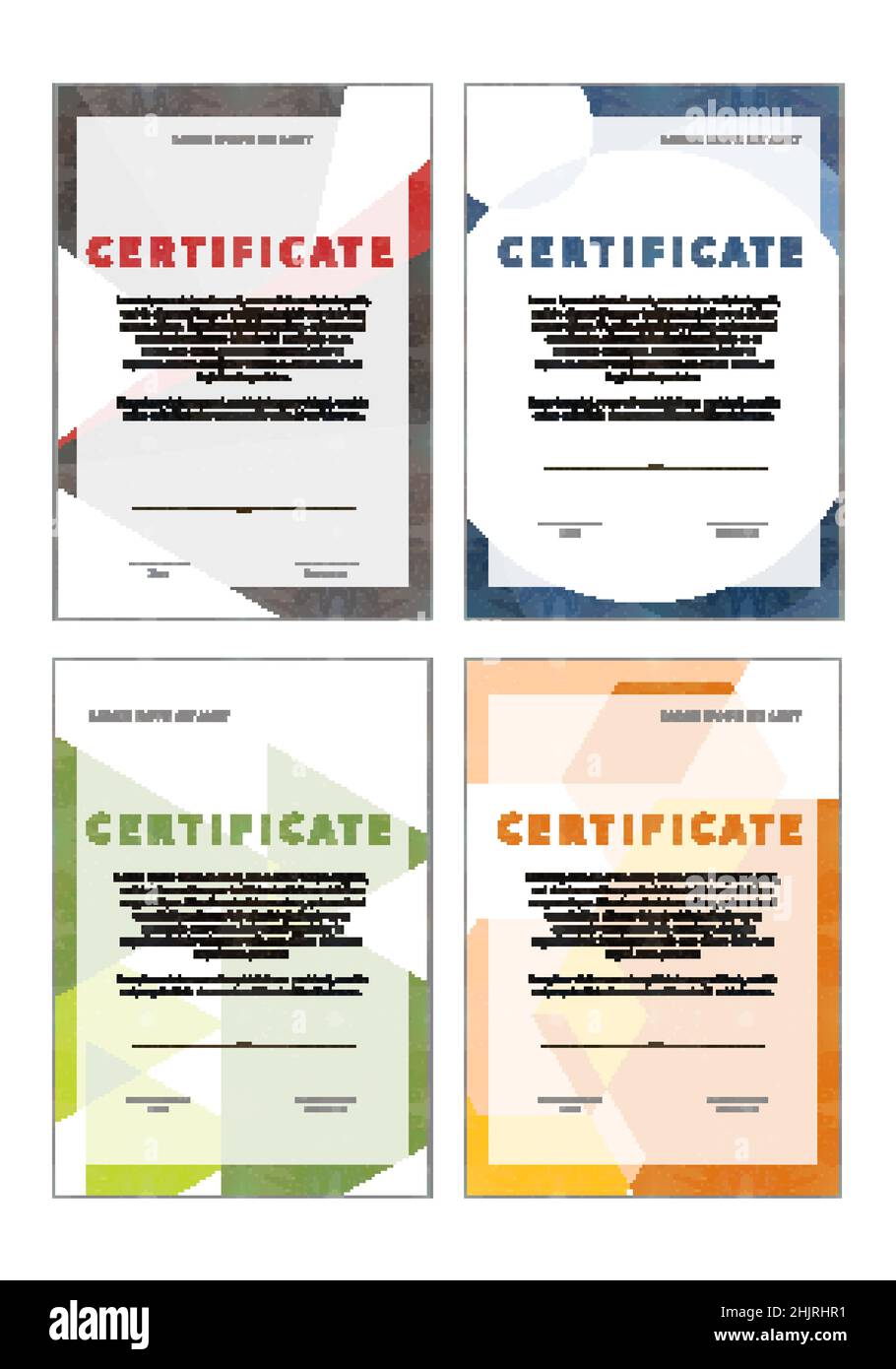 Lot de quatre certificats modernes avec guilloches, modèle vertical, diplôme blanc sur blanc Illustration de Vecteur