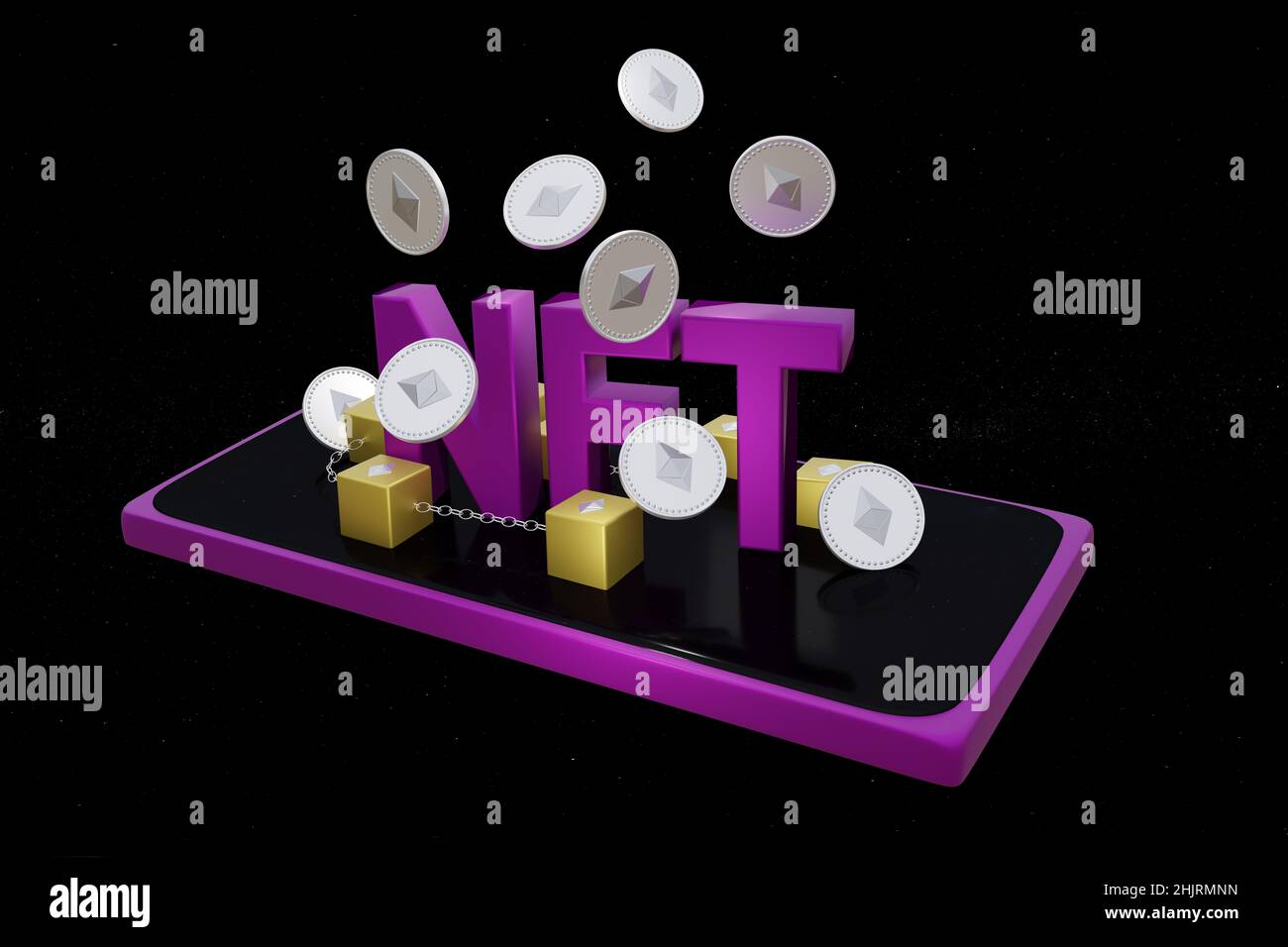Lettrage NFT pour jeton non fongible avec pièces Ethereum.3d rendu Banque D'Images