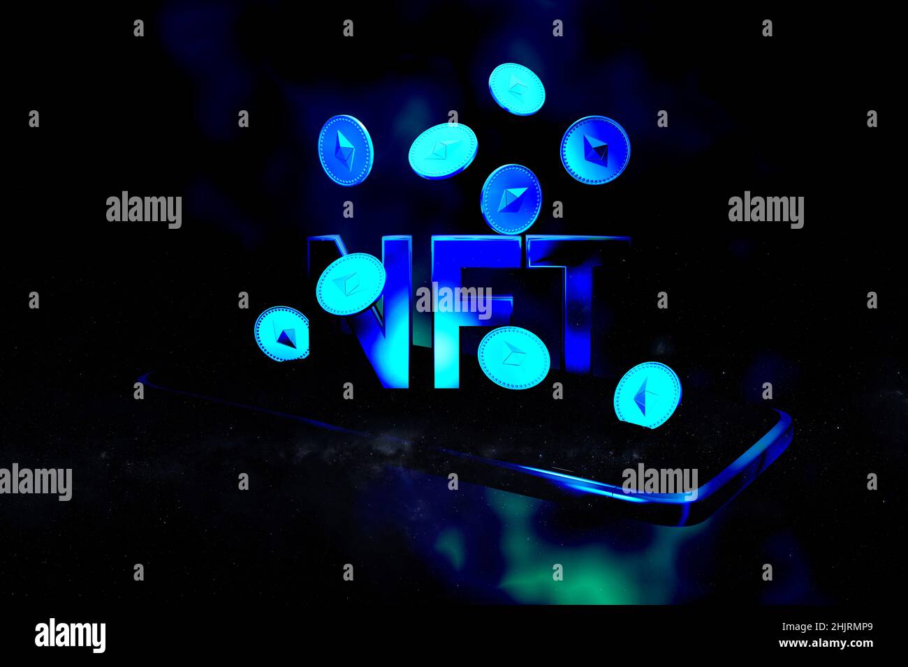 Lettrage NFT pour jeton non fongible avec pièces Ethereum avec fond flou.3d rendu Banque D'Images Lettrage NFT pour jeton non fongible avec pièces Ethereum avec fond flou.3d rendu Banque D'Images