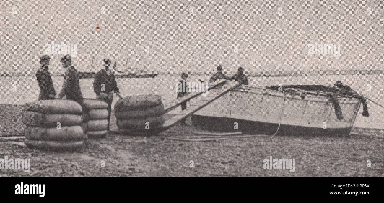 Pioneer Patagonia : chargement de balles de laine dans des briquets. Amérique du Sud (1923) Banque D'Images
