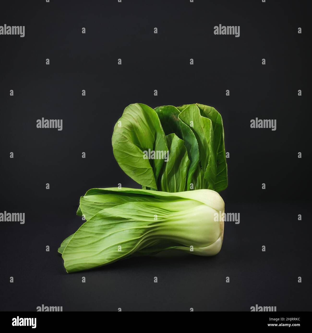 Bio vert bébé Bok Choy ou Brassica rapa chinensis sur fond noir.Légumes chinois populaires pour la cuisine asiatique. Banque D'Images