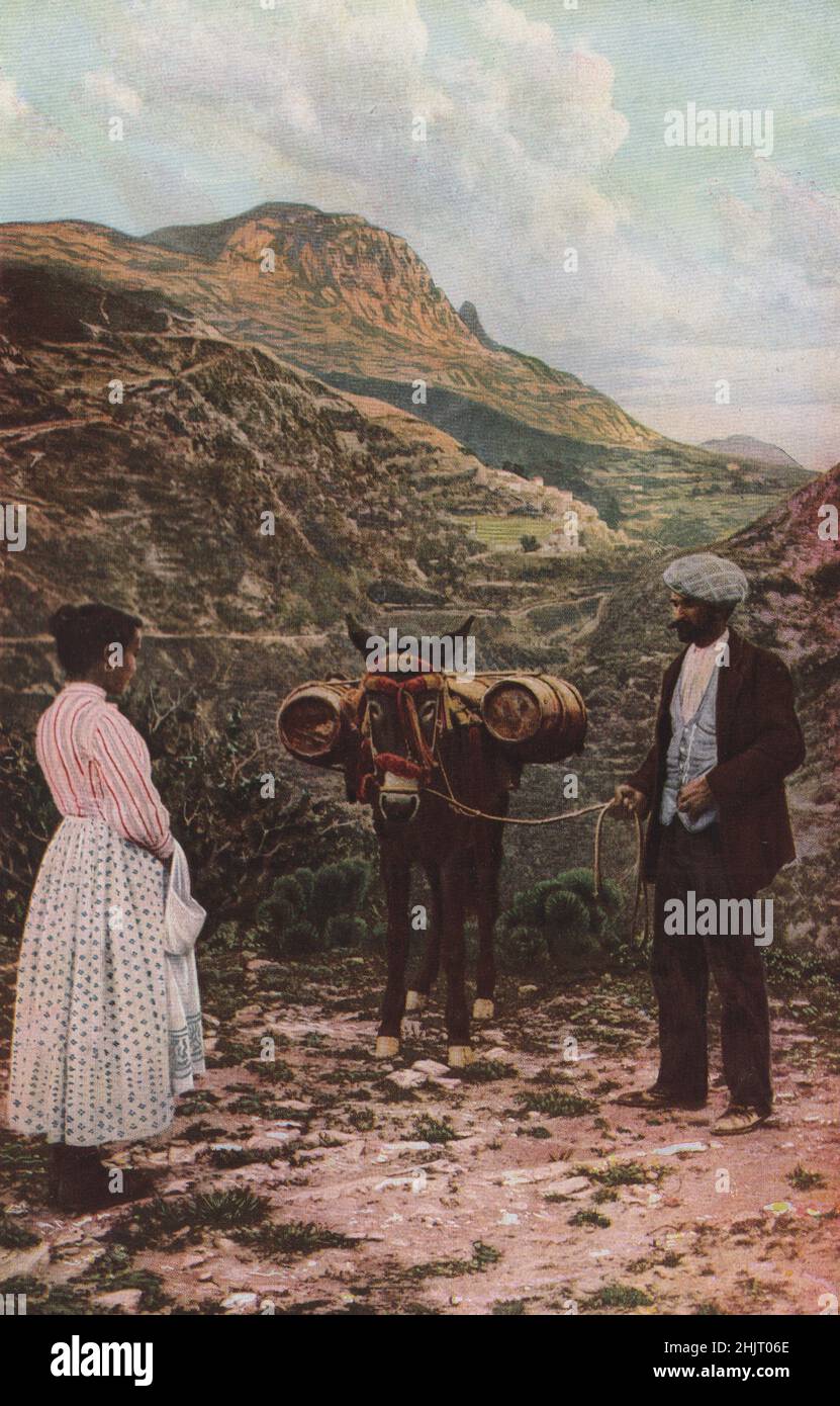 Sur la piste sinueuse de montagne au-dessus de la vallée, le muletaire s'arrête pour une discussion. Deux fûts d'eau sont supportés par la mule. Italie. Sicile (1923) Banque D'Images