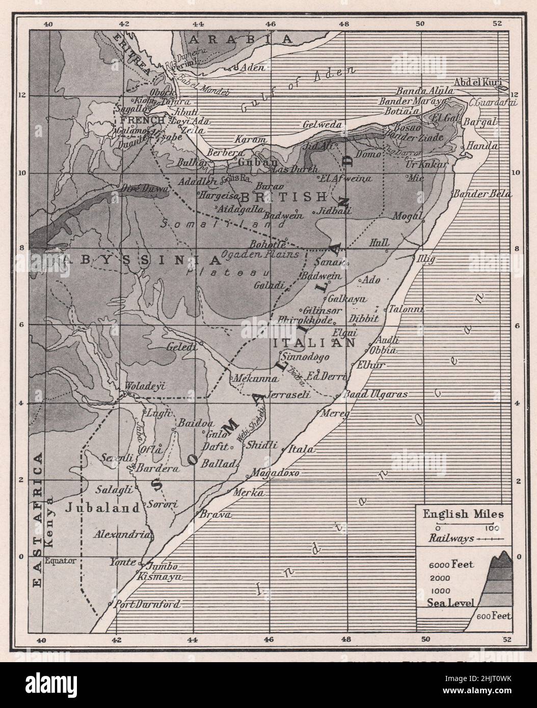 Les déchets du Somaliland se répartissent entre trois drapeaux. Somalie (carte 1923) Banque D'Images