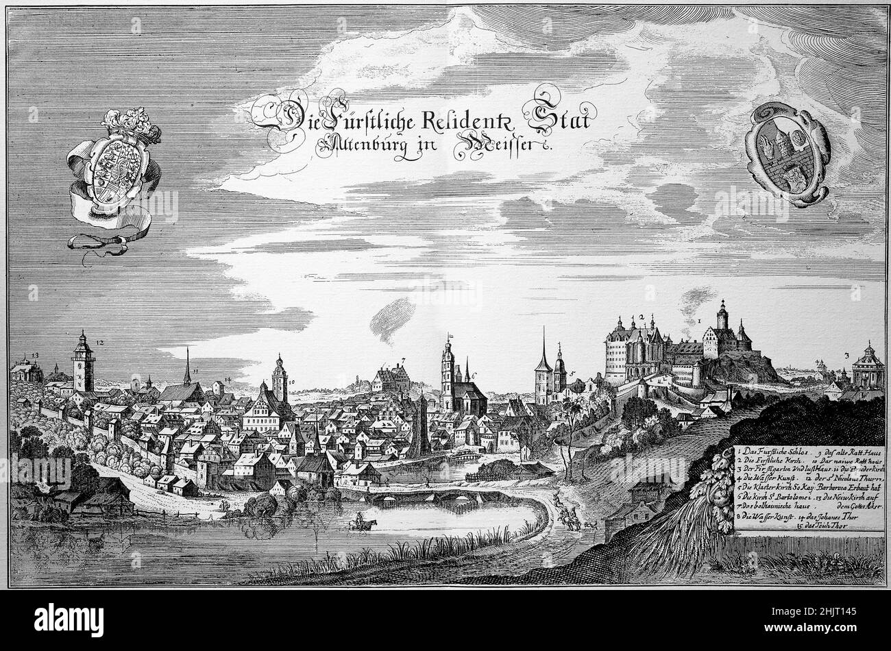 Die Altenburg in Meissen im Mittelalter, Sachsen, Deutschland / Château Altenburg in Meissen au Moyen Age, Saxe, Allemagne, historique, numérique reproduction améliorée d'un original du 18th siècle / Digital Reproduktion einer Originalvorlage aus dem 18.Jahrhundert, genaues Originaldatum nicht bekannt Banque D'Images