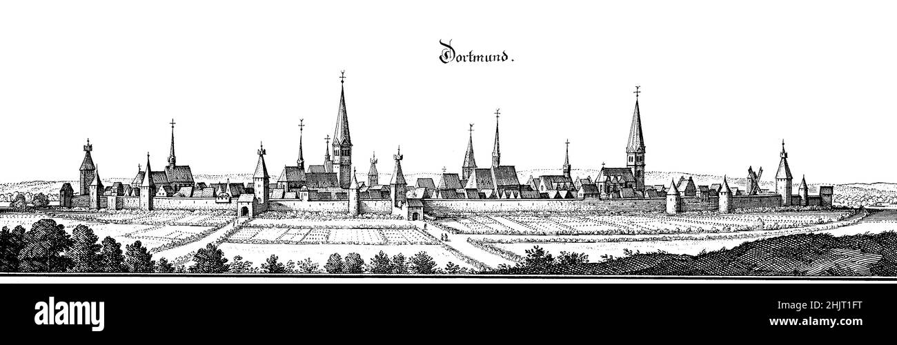 Dortmund im Mittelalter, Nordrhein-Westfalen, Deutschland / Dortmund au Moyen âge, Rhénanie-du-Nord-Westphalie, Allemagne, historique, numérique reproduction améliorée d'un original du 18th siècle / Digital restaurierte Reproduktion einer Originalvorlage aus dem 18.Jahrhundert, genaues Originaldatum nicht bekannt Banque D'Images
