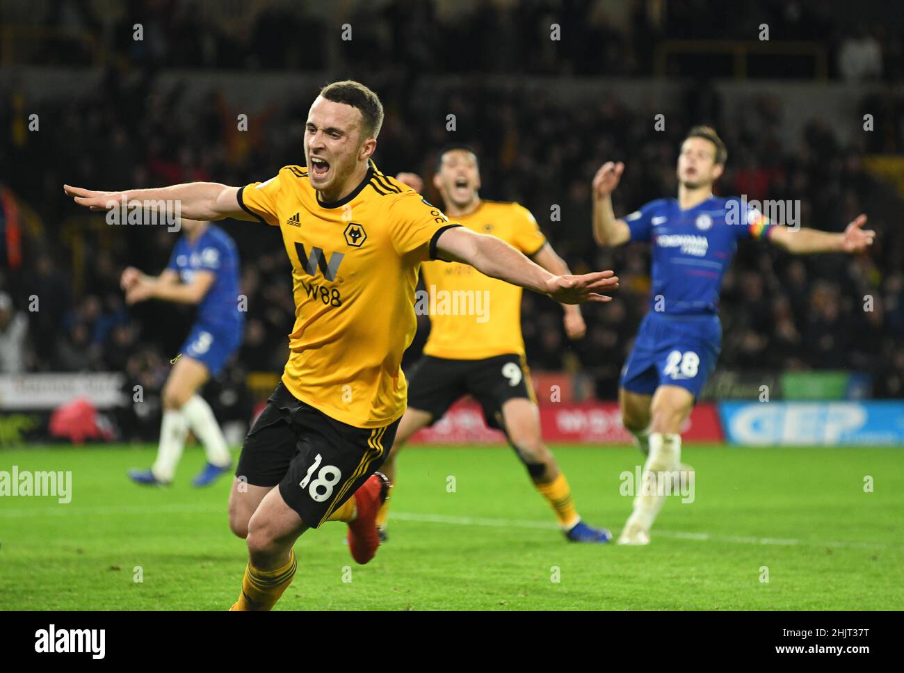 Wolves le footballeur Diogo Jota célèbre son but de score Wolverhampton Wanderers / Chelsea au stade Molineux 16/09/2018 - English Premier League Banque D'Images