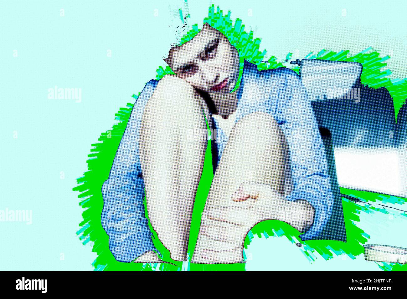 collage numérique d'une jeune femme assise Banque D'Images