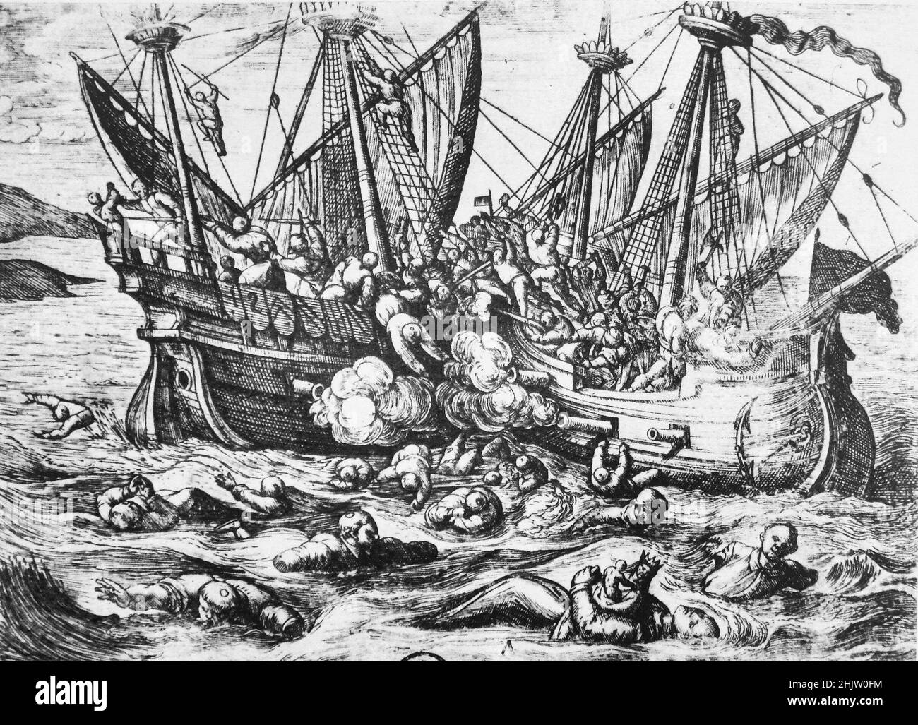 Imprimé illustrant l'agression de Huguenot contre les catholiques en mer. Banque D'Images