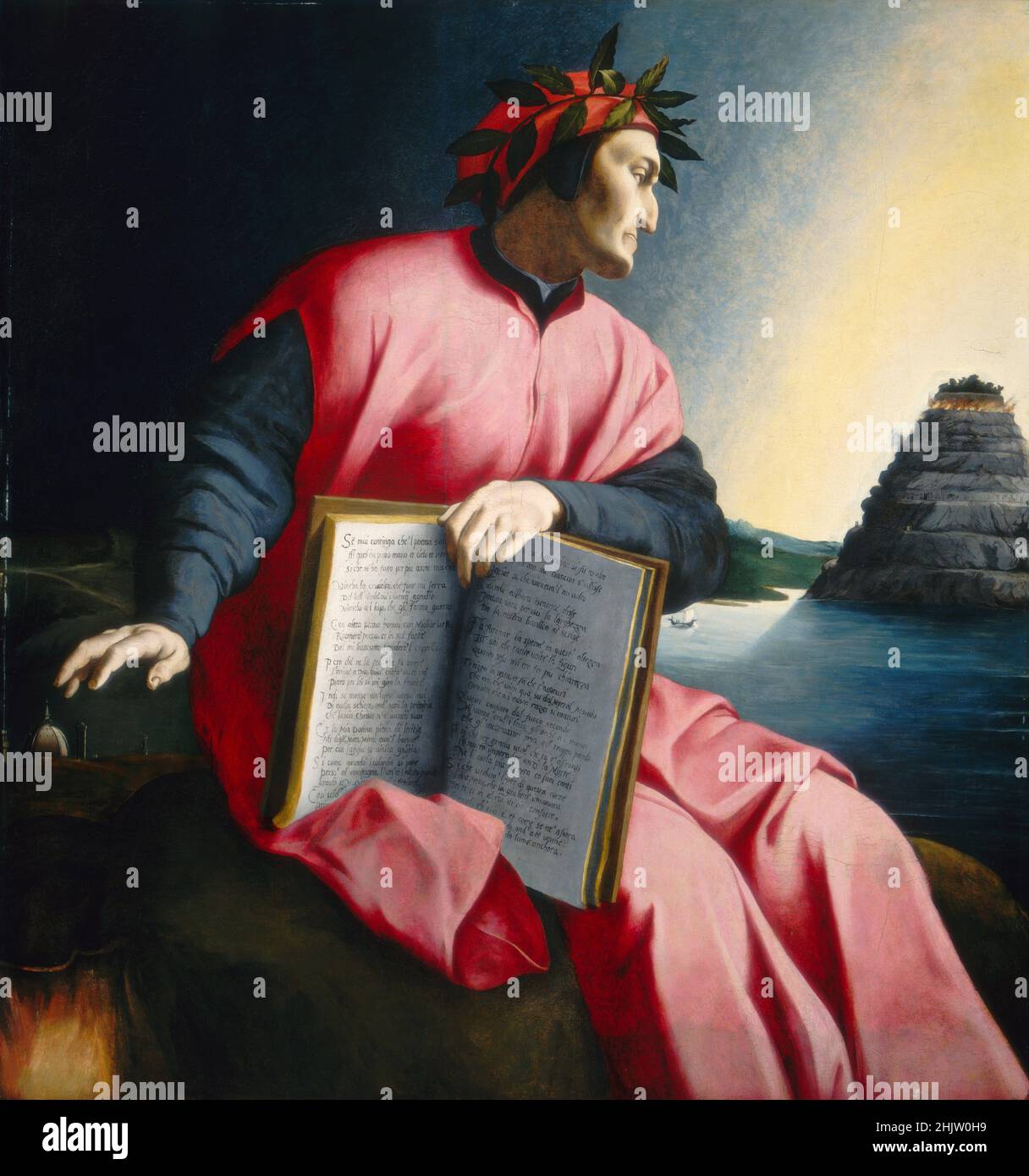 Dante regarde le Mont Purgatory dans un portrait allégorique d'Agnolo Bronzino, peint c.1530 Banque D'Images