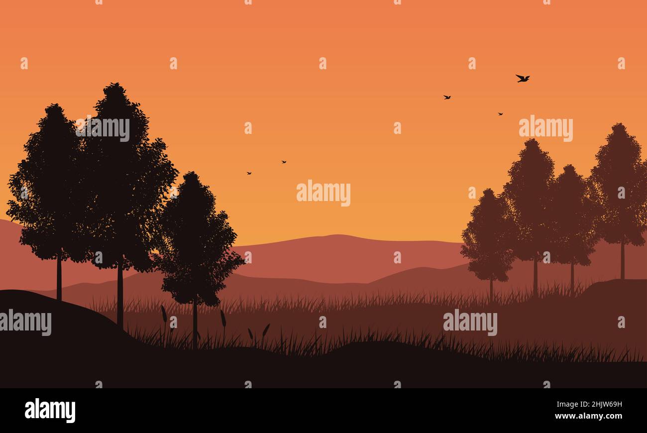 La belle vue sur la montagne dans la soirée de la campagne avec la silhouette esthétique des sapins.illustration vectorielle d'une ville Illustration de Vecteur