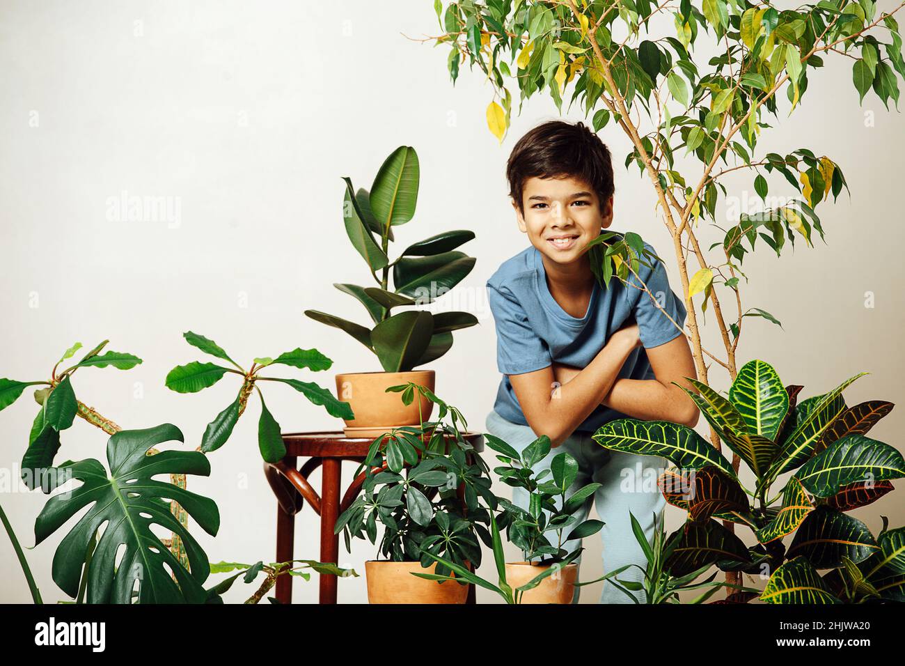 Portrat d'un garçon indien debout au milieu d'une salle pleine de plantes en pot dans des pots de céramique marron sur fond beige.Se pencher vers l'avant, se replier Banque D'Images