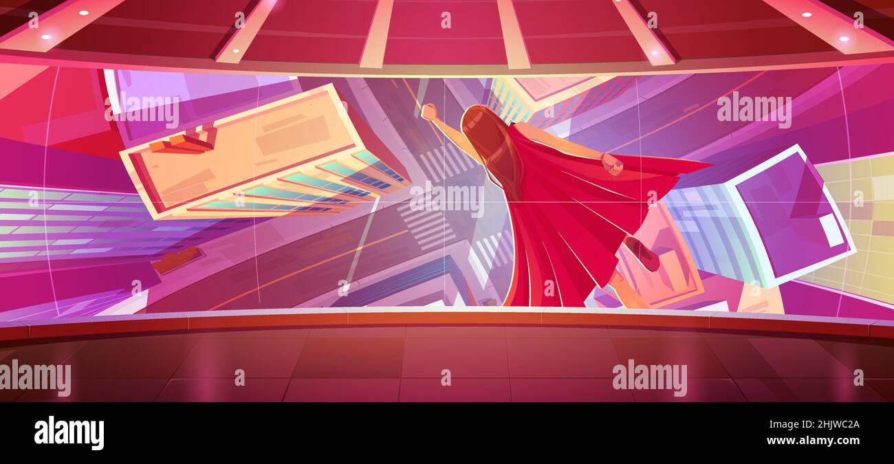 Une superfemme volant avec une main levée sur l'écran du cinéma.Caricature super héros fille dans le Cap rouge voler dans le ciel au-dessus de la ville moderne avec des maisons et la vue sur la route.Film sur la puissante femme, illustration vectorielle Illustration de Vecteur