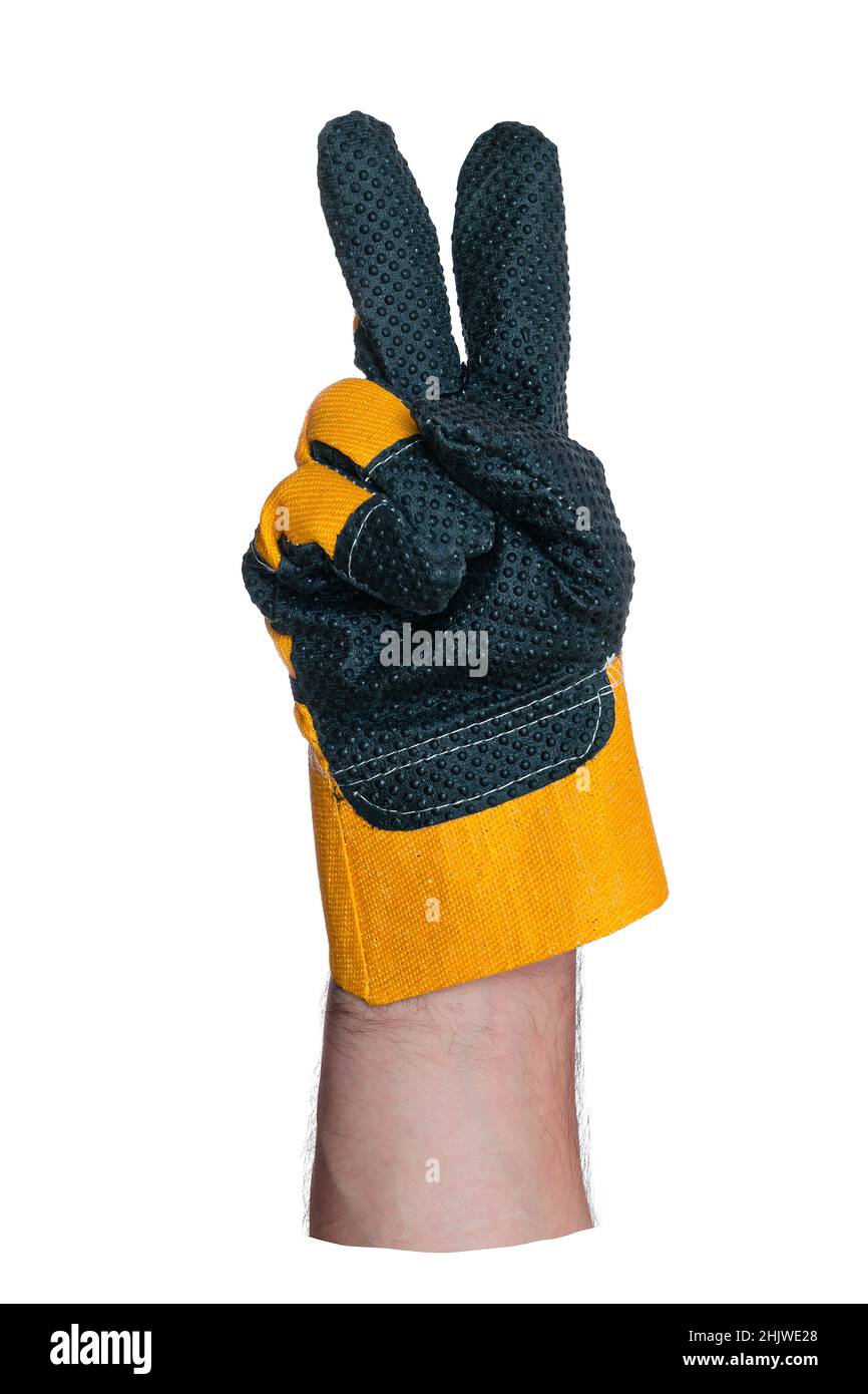 Main dans le gant de construction.Deux doigts vers le haut.Symbole ou signe.Objet pour coosmose.Isolé sur fond blanc. Banque D'Images