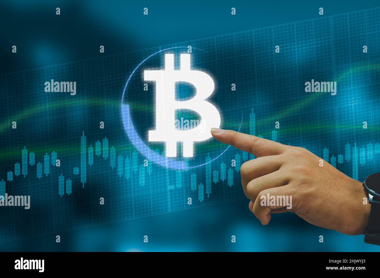 Les mains touchent la crypto-monnaie de la blockchain bitcoin pour l'échange à l'avenir.technologie d'échange d'argent numérique connexions réseau mondiales conce d'arrière-plan Banque D'Images