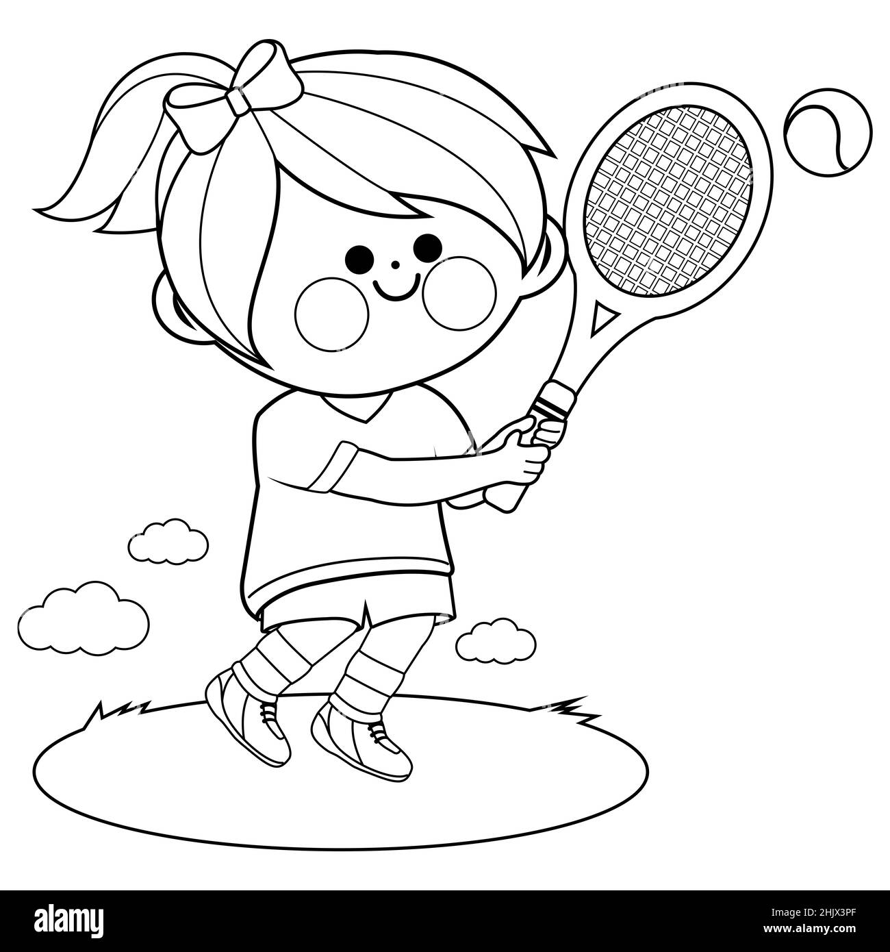 Fille jouant au tennis.Page de livre de coloriage noir et blanc Banque D'Images