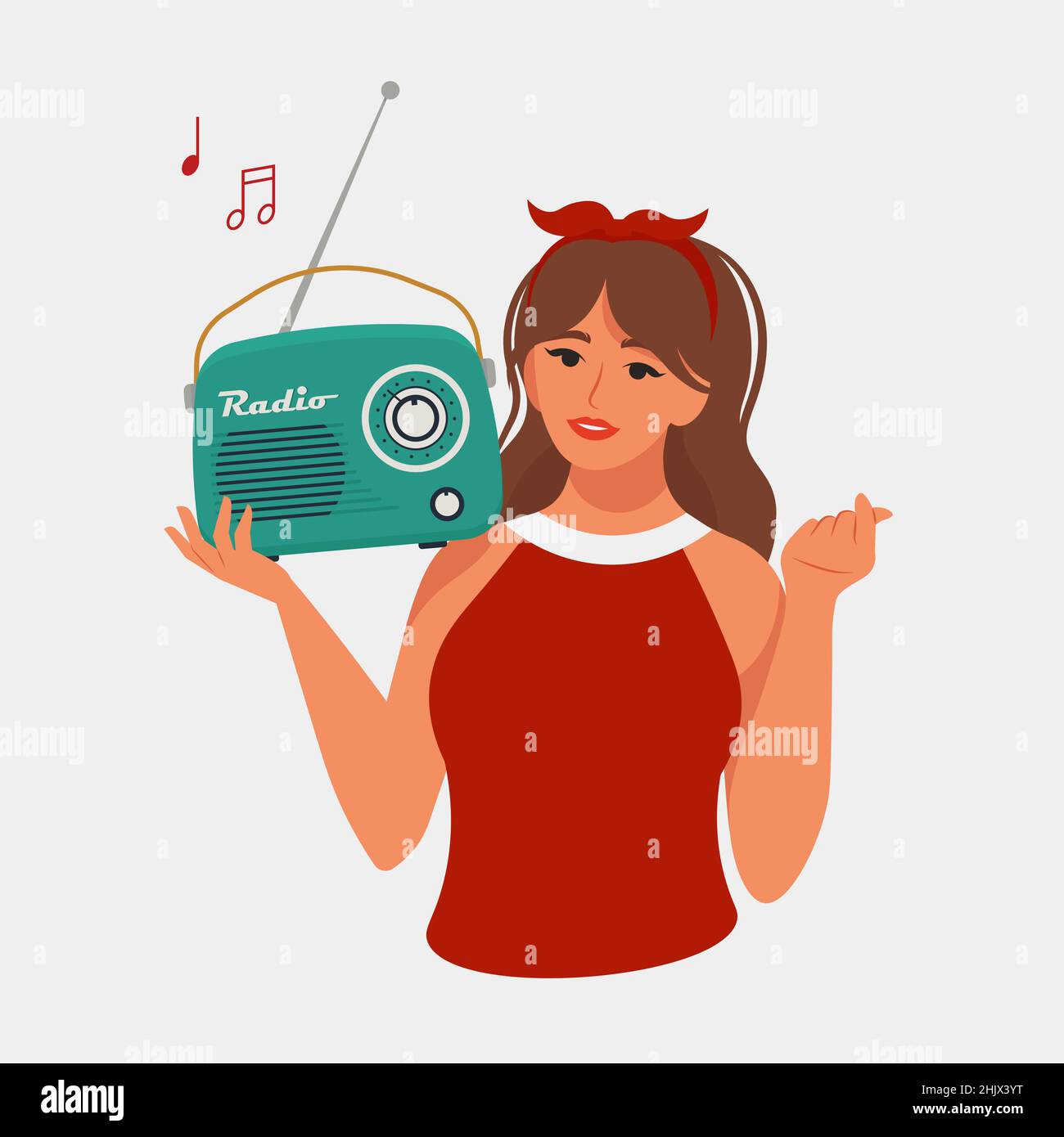 Femme tenant une radio rétro et écoutant de la musique.Illustration vectorielle de style plat Illustration de Vecteur