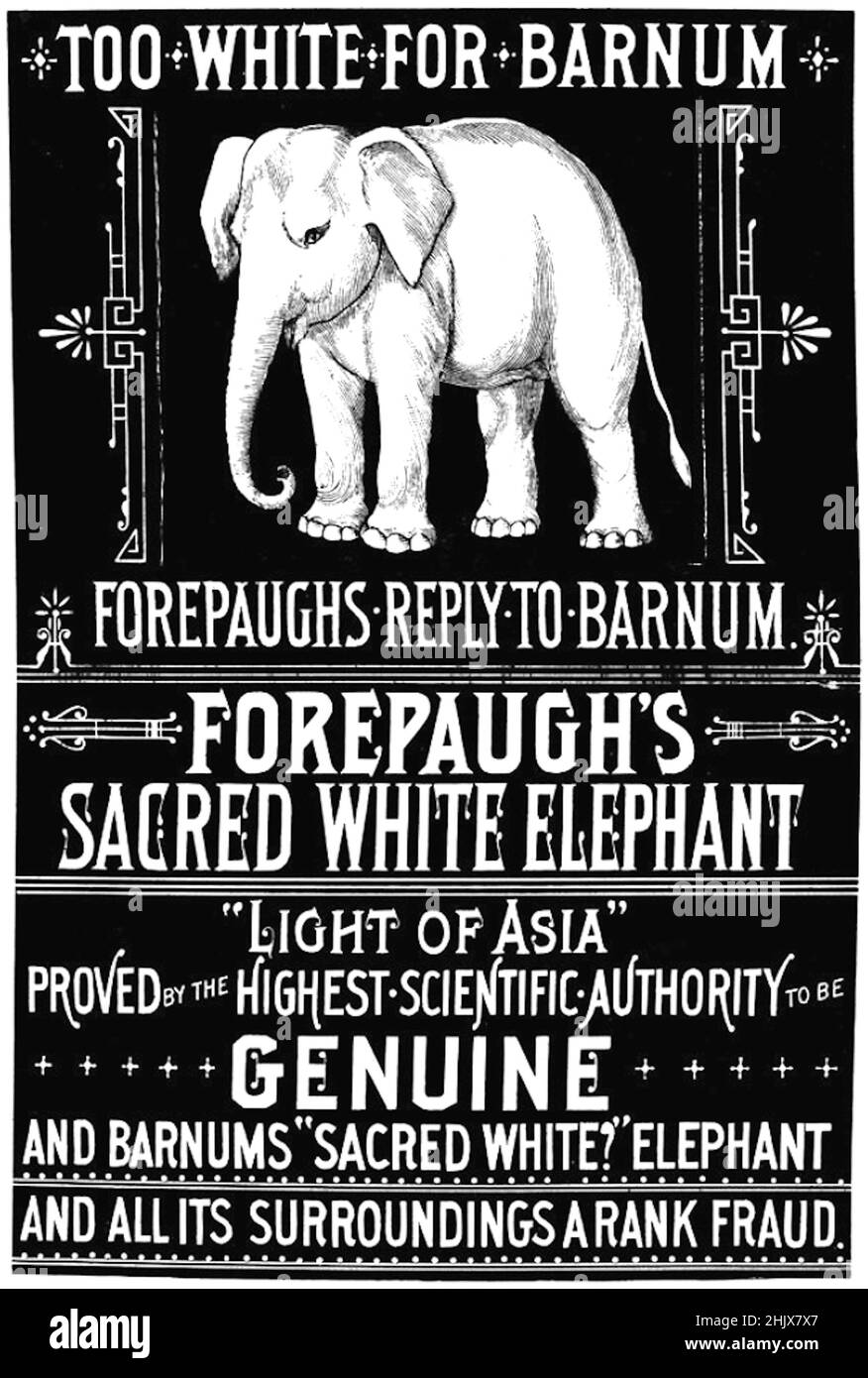 Adam Forepaugh et vend Bros Circus Poster - lumière de l'Asie, éléphant blanc de Forepaugh - 1884 Banque D'Images
