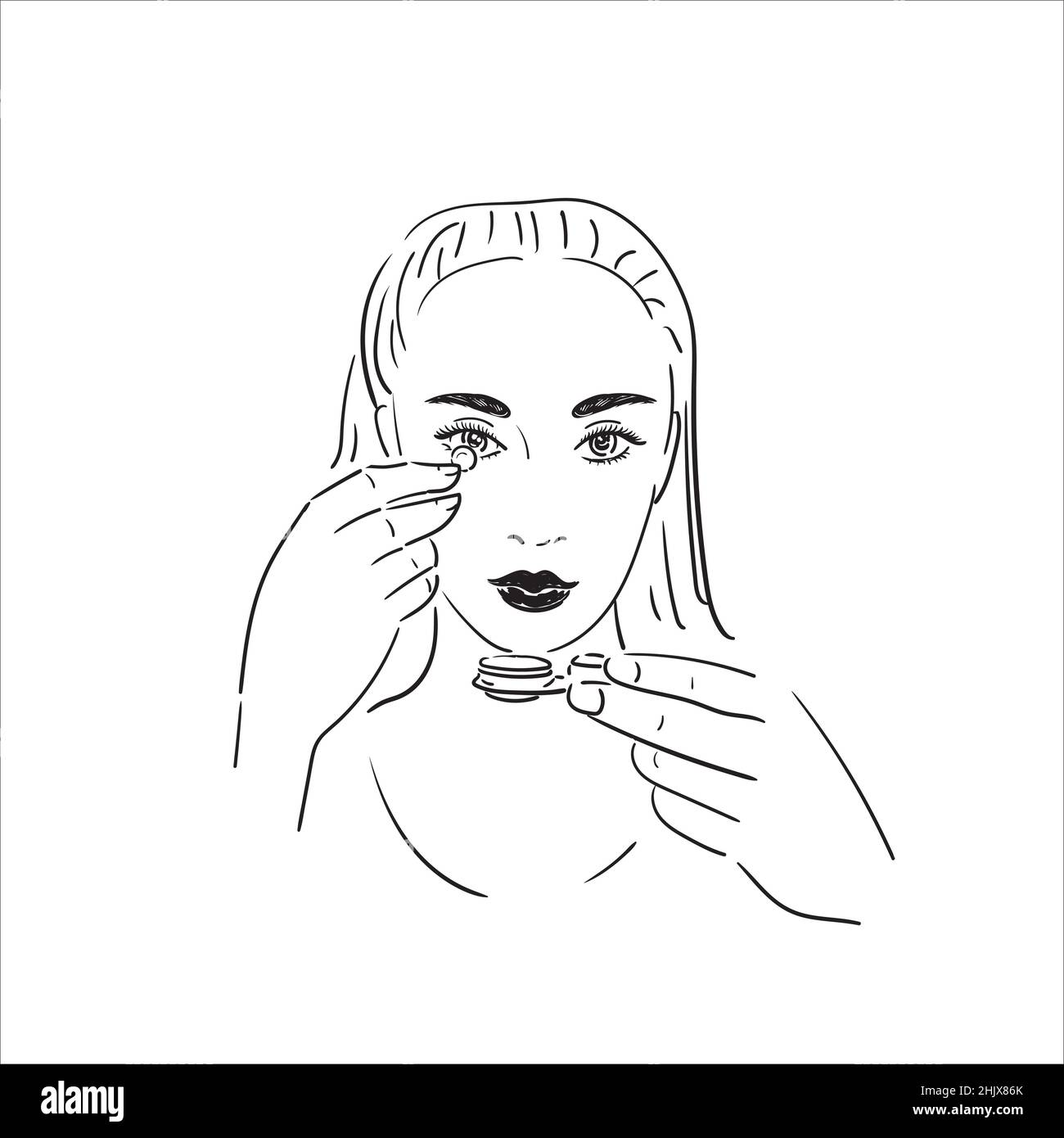 Une femme met ou enlève des lentilles oculaires. Illustration vectorielle de stock isolée sur fond blanc. Illustration de Vecteur