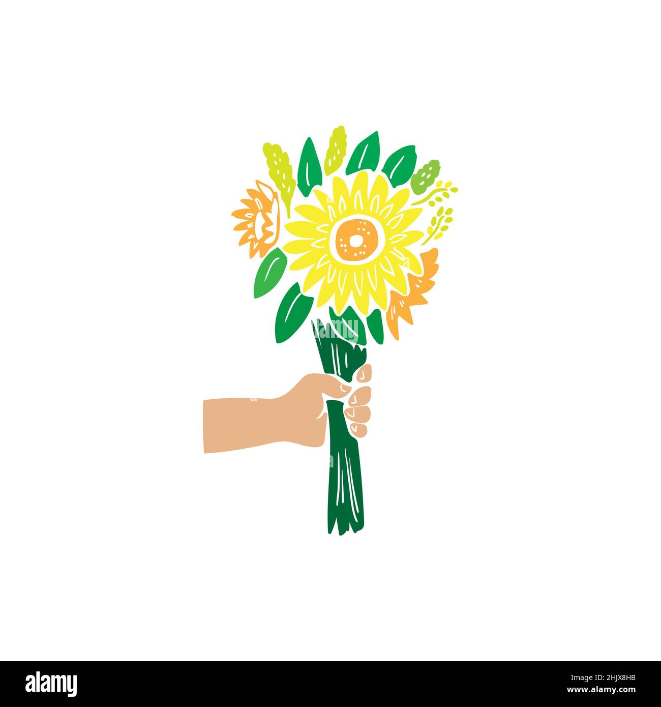 Bouquet de tournesols à la main. Illustration moderne isolée sur fond blanc.Illustration vectorielle. Illustration de Vecteur