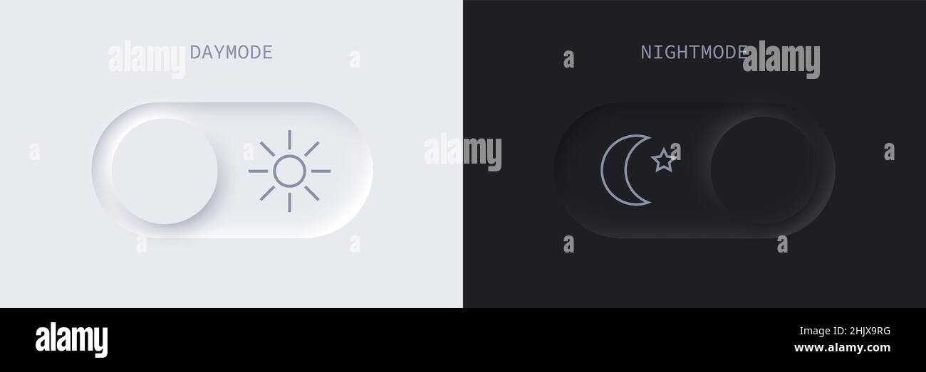 Les boutons de déplacement du mode jour et du mode nuit neumorphe définissent l'illustration vectorielle.Les curseurs jour clair et nuit sombre se combinent avec les symboles lune et soleil pour la toile Illustration de Vecteur