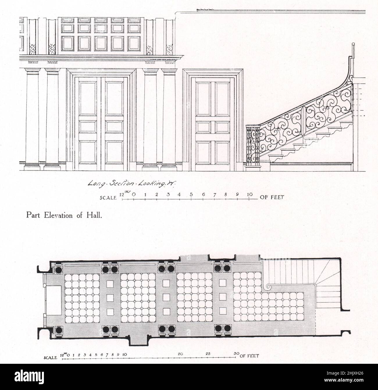 Hall d'entrée et escalier, 40, rue Upper Grosvenor, Londres, W. - partie Elevation de Hall. Reginald Blomfield, A.R.A., architecte (1908) Banque D'Images