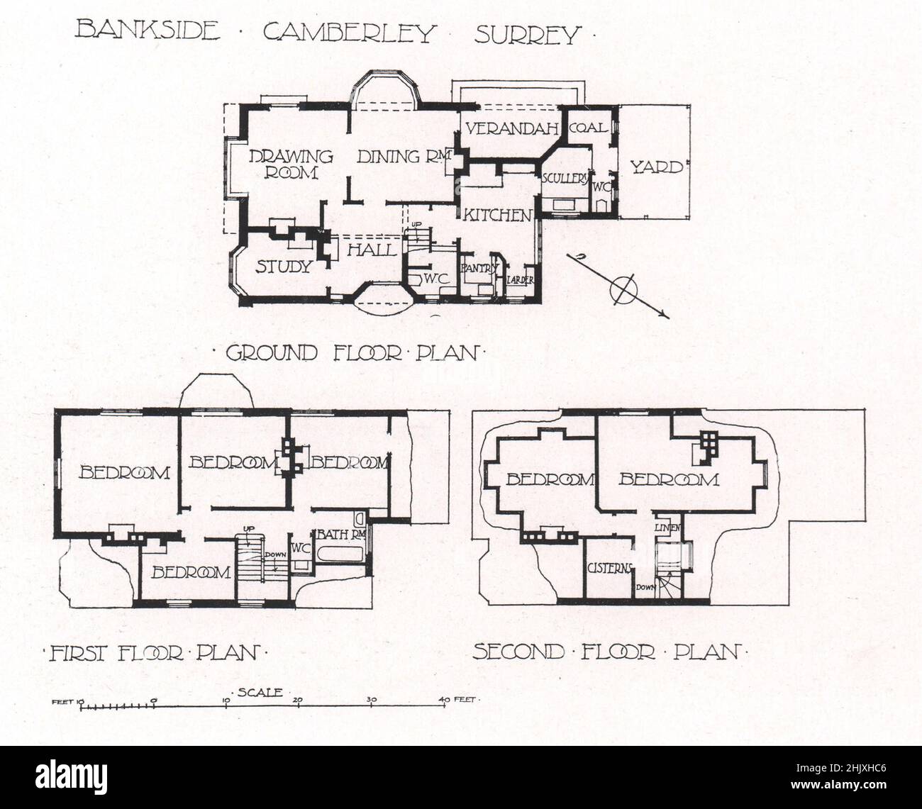 Bankside - Camberley Surrey - Plan du rez-de-chaussée, Plan du premier étage, Plan du deuxième étage. H. R. & B. A. Poulter, Architectes (1908) Banque D'Images