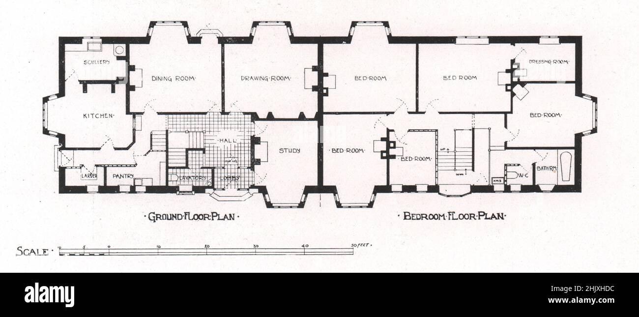 Maisons semi-individuelles-dans-Chaucer Road - Cambridge - Plan du rez-de-chaussée - Plan de l'étage des chambres. Cambridgeshire. T. H. Lyon, architecte (1908) Banque D'Images