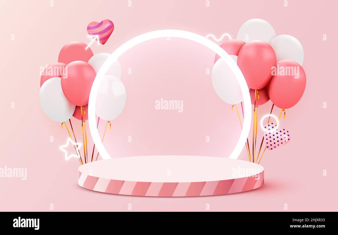 Arrière-plan de la Saint-Valentin avec présentation des produits et ballons en forme de cœur.Illustration vectorielle Illustration de Vecteur