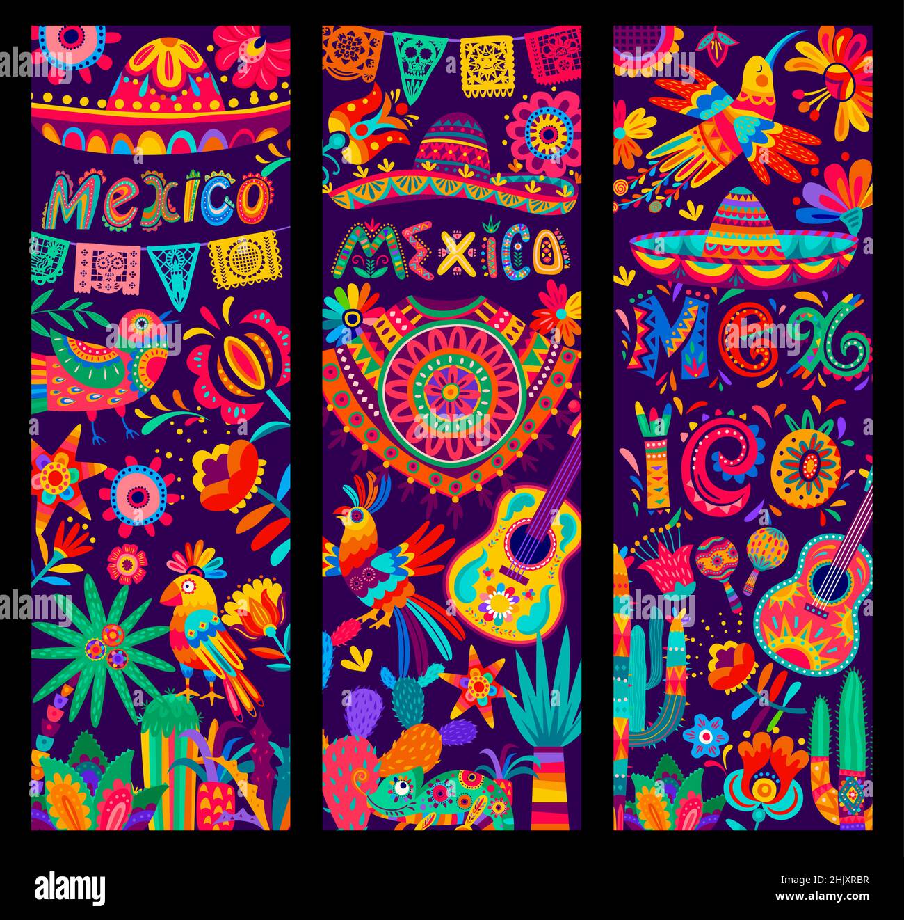 Banderoles mexicaines de musique et de culture de vacances avec sombrero, guitares et oiseaux, fleurs et cactus, papel picado.Vector mexican fiesta poncho, maracas an Illustration de Vecteur