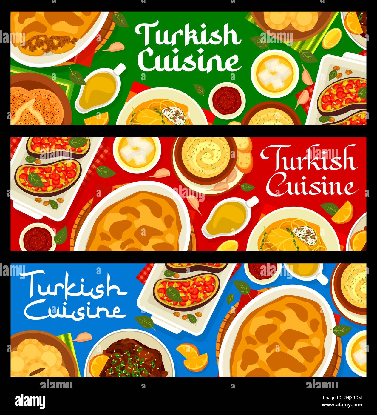 Menu de cuisine turque repas bannières vectorielles de nourriture halal arabe.Viande, moussaka de légumes avec sauce à l'orange et au tarator, baklava, paide de pain plat et stuf Illustration de Vecteur