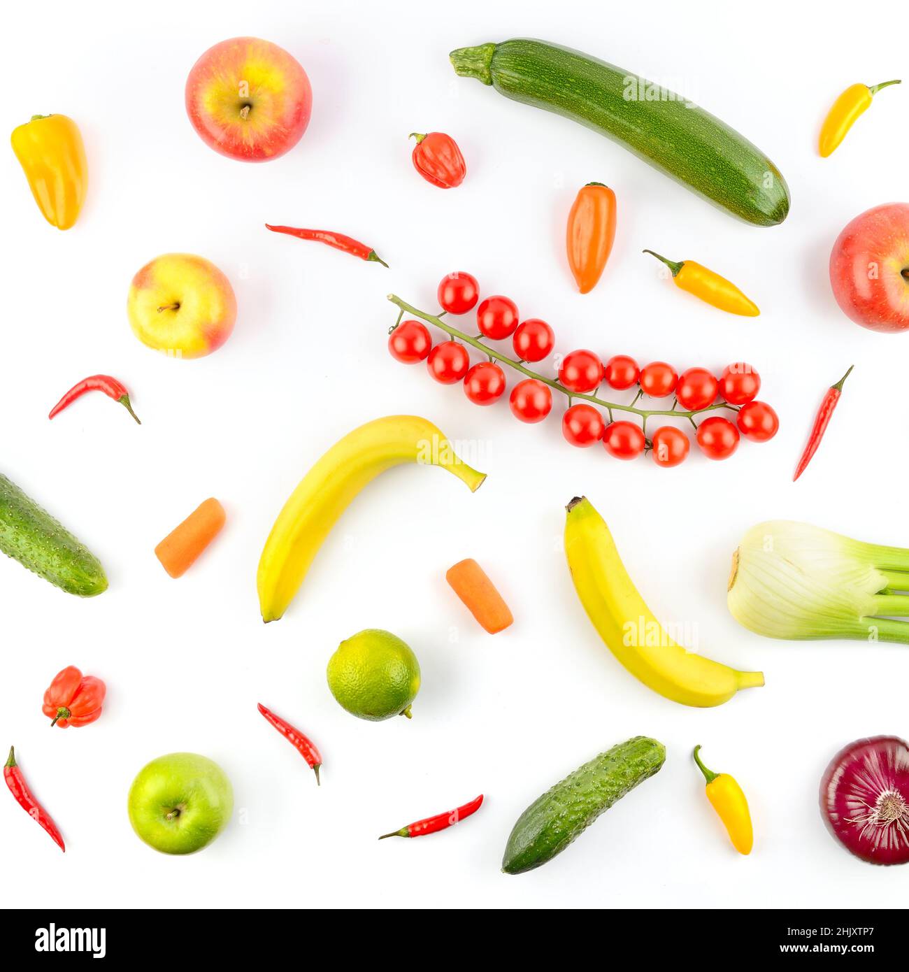 Motif carré de légumes et de fruits isolés sur fond blanc. Banque D'Images